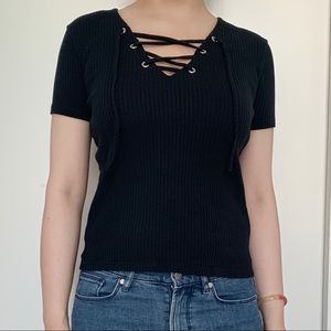 Zara V neck criss cross rib knit top